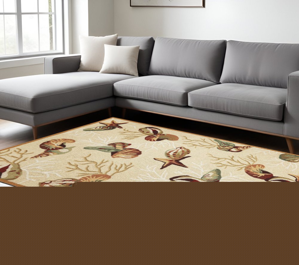 7' X 9' Beige Green And Brown Seashell and Coral Hand Tufted Area Rug