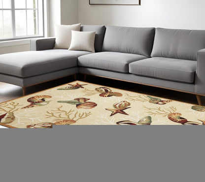 7' X 9' Beige Green And Brown Seashell and Coral Hand Tufted Area Rug