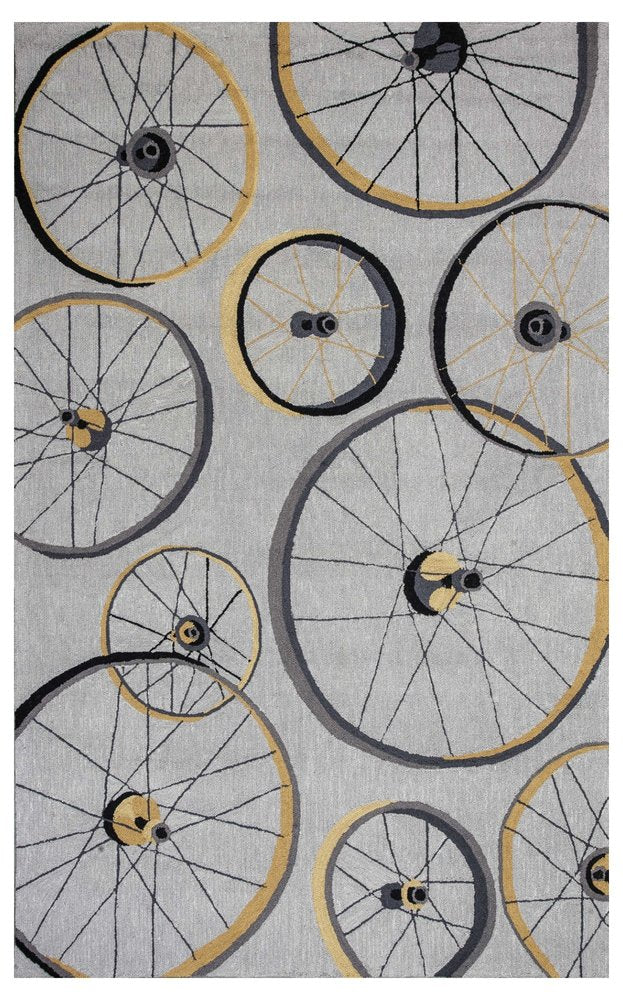8' X 10' Gray Hand Hooked Wheels Area Rug