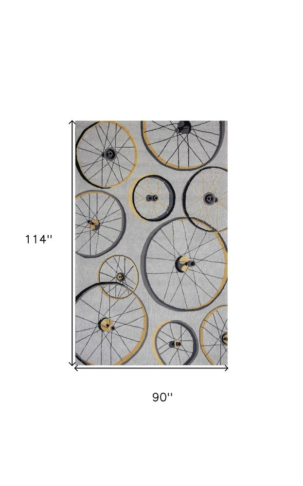 8' X 10' Gray Hand Hooked Wheels Area Rug