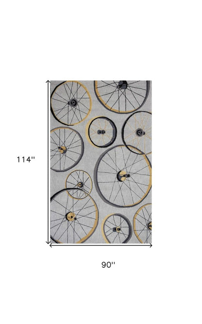 8' X 10' Gray Hand Hooked Wheels Area Rug