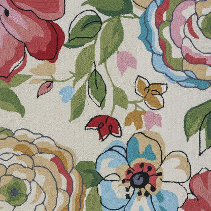 8' X 8' Sand Blue And Red Floral Hand Hooked Round Rug