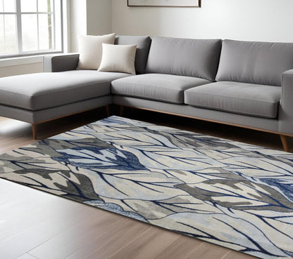 10' X 13' Gray And Navy Blue Botanical Leaves Area Rug