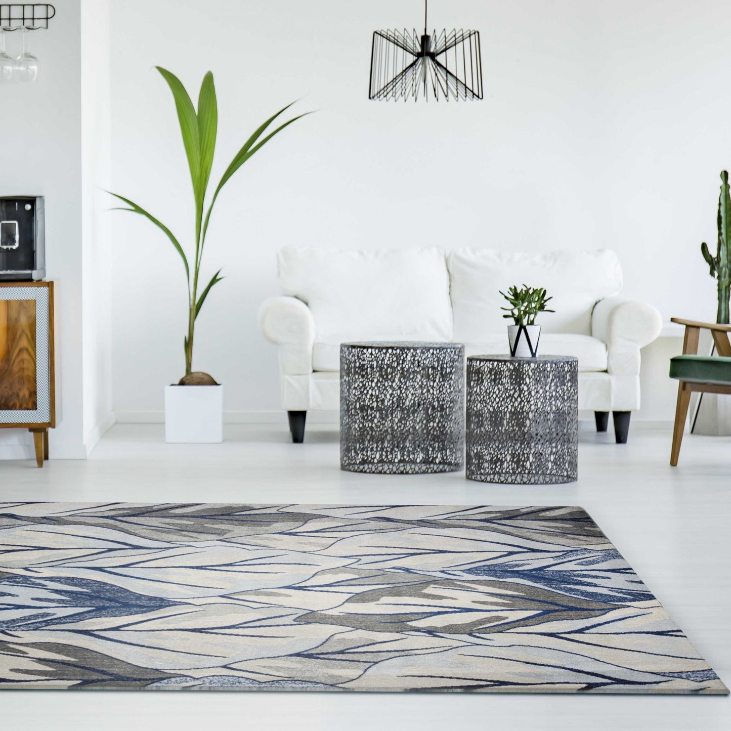 8' X 11' Grey Navy Machine Woven Oversized Leaves Indoor Area Rug