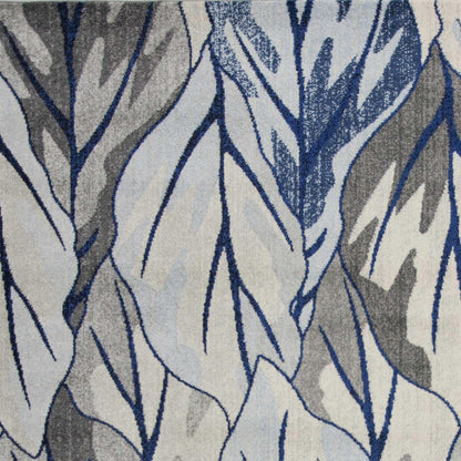 10' X 13' Gray And Navy Blue Botanical Leaves Area Rug