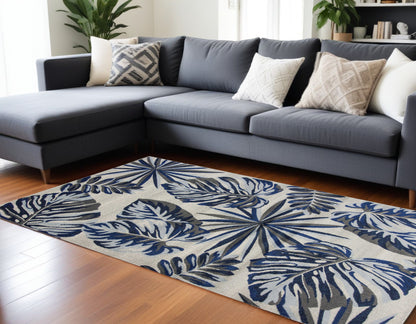 10' X 13' Grey Blue Machine Woven Tropical Leaves Indoor Area Rug