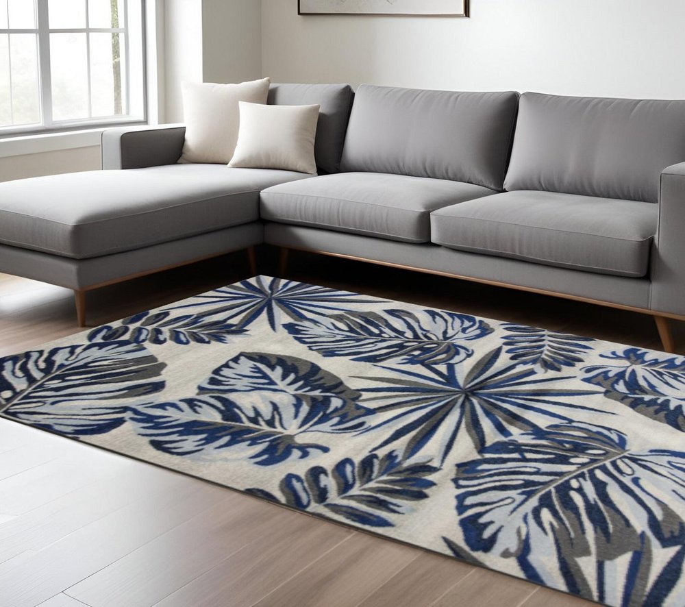 10' X 13' Gray And Blue Botanical Leaves Area Rug