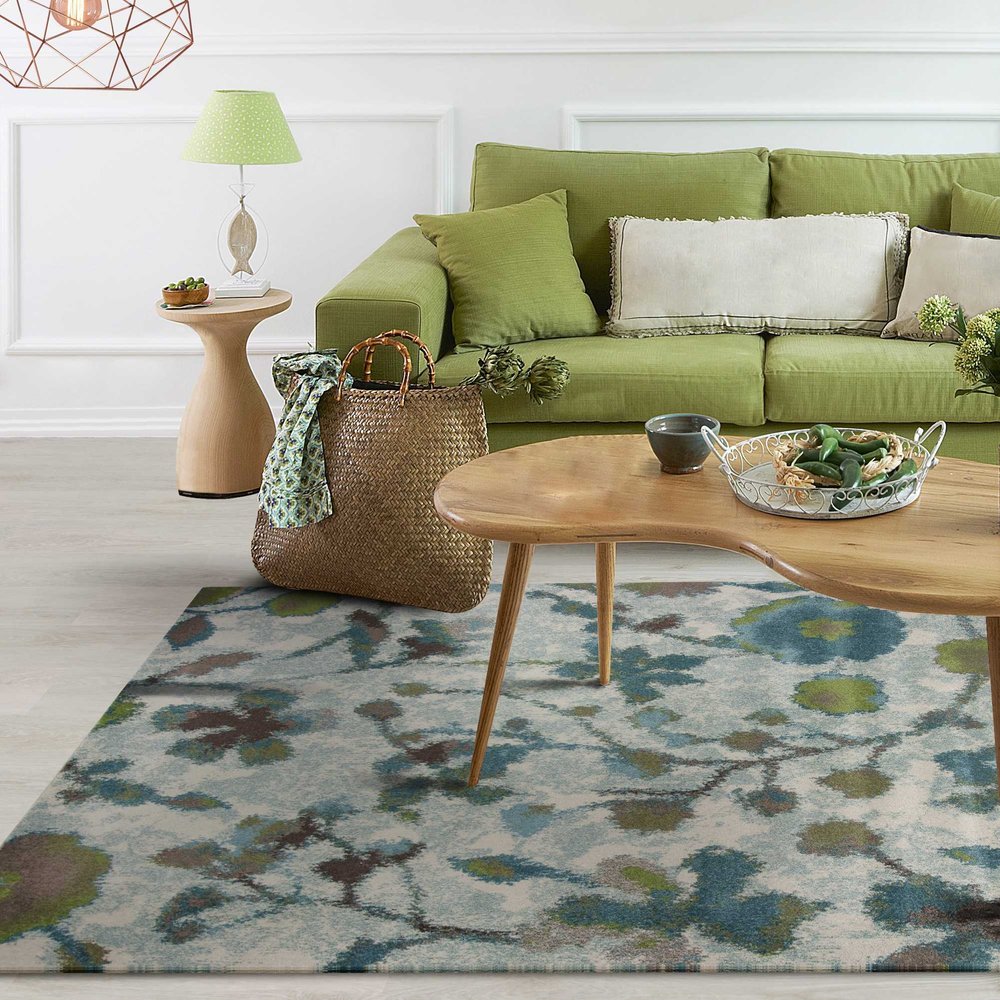 5' X 8' Teal Blue Green And White Floral Vines Area Rug