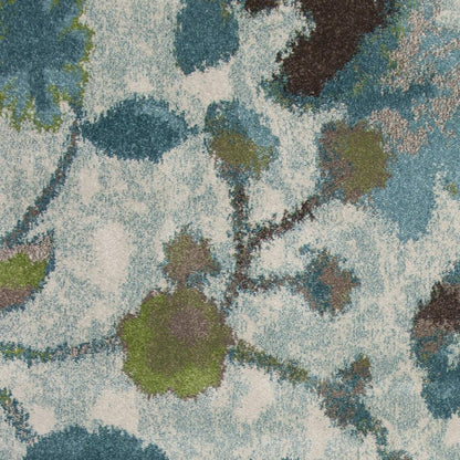 10' X 13' Teal Blue White And Green Floral Vines Area Rug