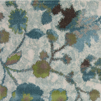 10' X 13' Teal Blue White And Green Floral Vines Area Rug