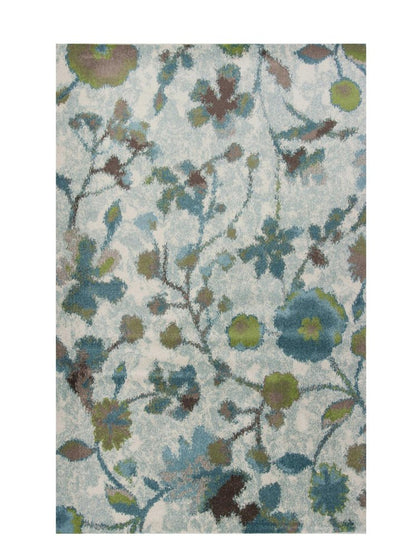 8' X 11' Teal Blue White And Green Floral Vines Area Rug