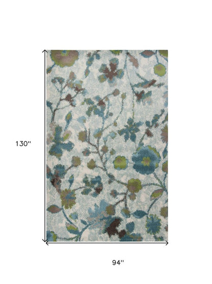 8' X 11' Teal Blue White And Green Floral Vines Area Rug