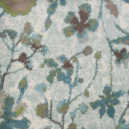 8' X 11' Teal Blue White And Green Floral Vines Area Rug