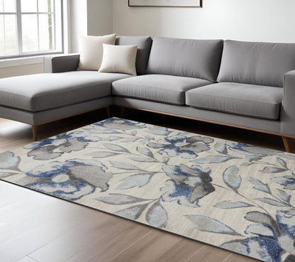 5' X 8' Ivory Blue And Gray Floral Vines Area Rug