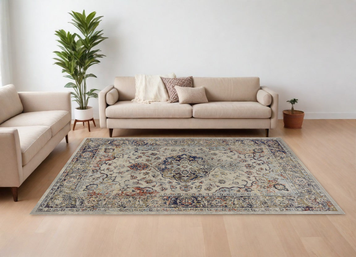 63" X 91" Ivory Floral Medallion Area Rug