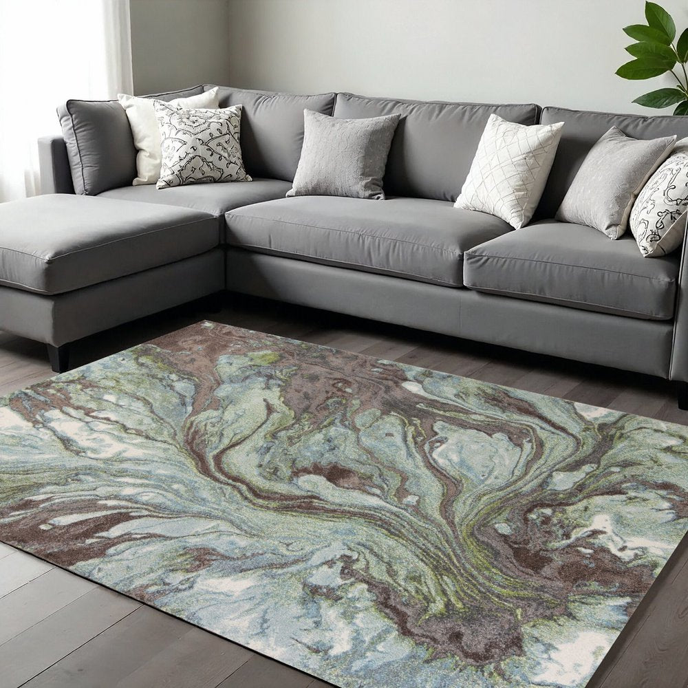 5' X 8' Green And Brown Abstract Area Rug