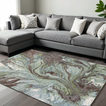 5' X 8' Green And Brown Abstract Area Rug