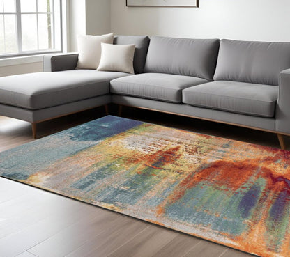 10' X 13' Blue Rust And Orange Abstract Area Rug
