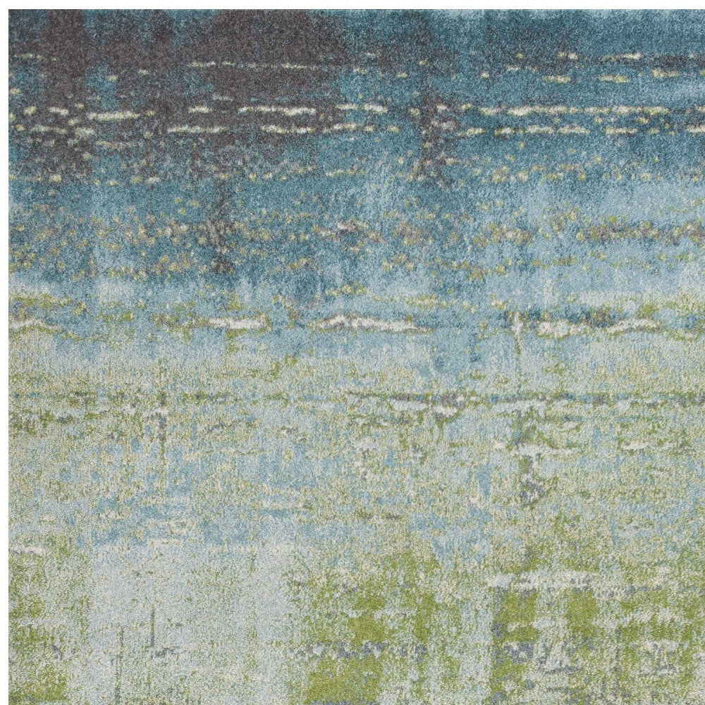 7' X 10' Blue Green Machine Woven Abstract Brushstroke Indoor Area Rug