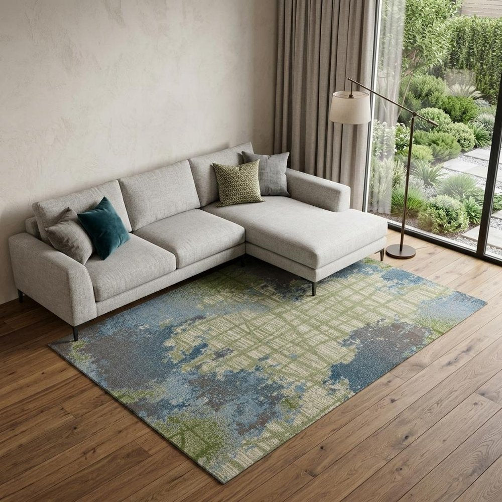 5' X 8' Blue And Green Abstract Area Rug