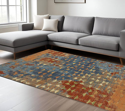 7' X 10' Blue Red And Orange Abstract Area Rug