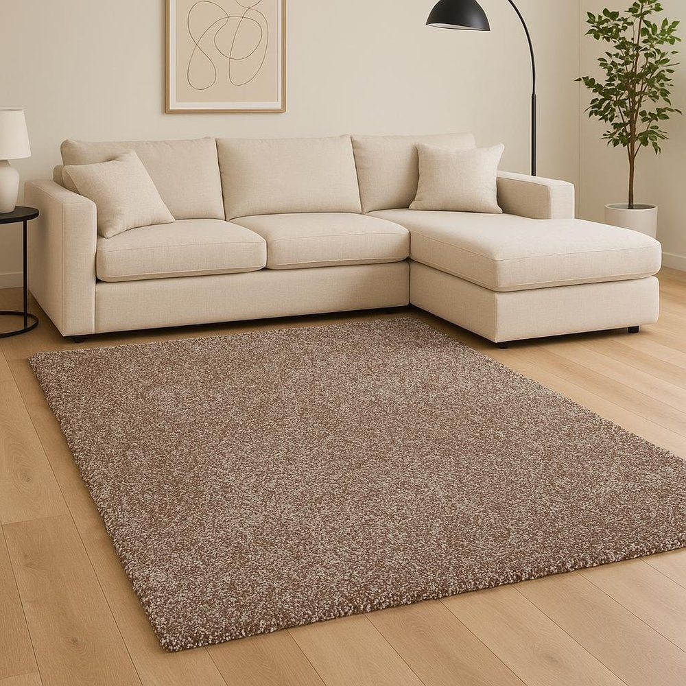 5' X 7' Beige And Brown Abstract Shag Hand Woven Area Rug