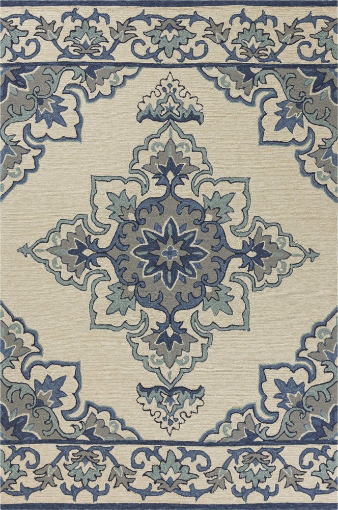 5' X 8' Ivory And Blue Damask Indoor Outdoor Area Rug