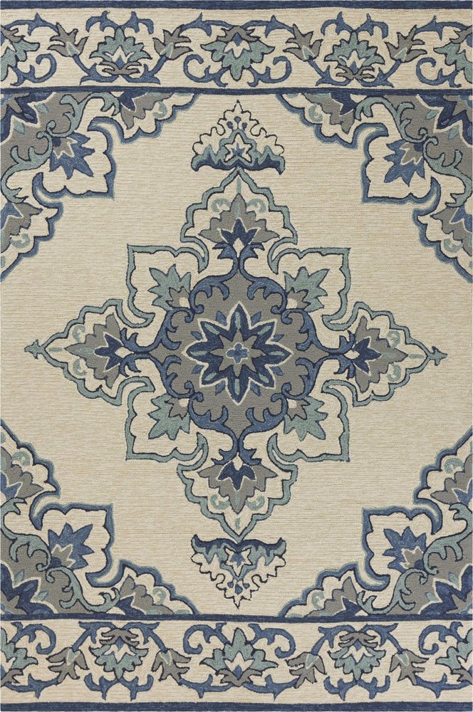 3' X 5' Ivory and Blue Damask Handmade Indoor Outdoor Area Rug