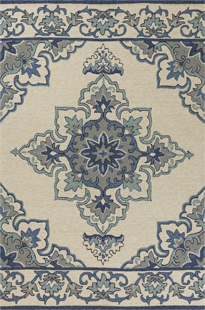 3' X 5' Ivory and Blue Damask Handmade Indoor Outdoor Area Rug