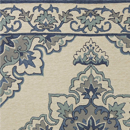 3' X 5' Ivory and Blue Damask Handmade Indoor Outdoor Area Rug