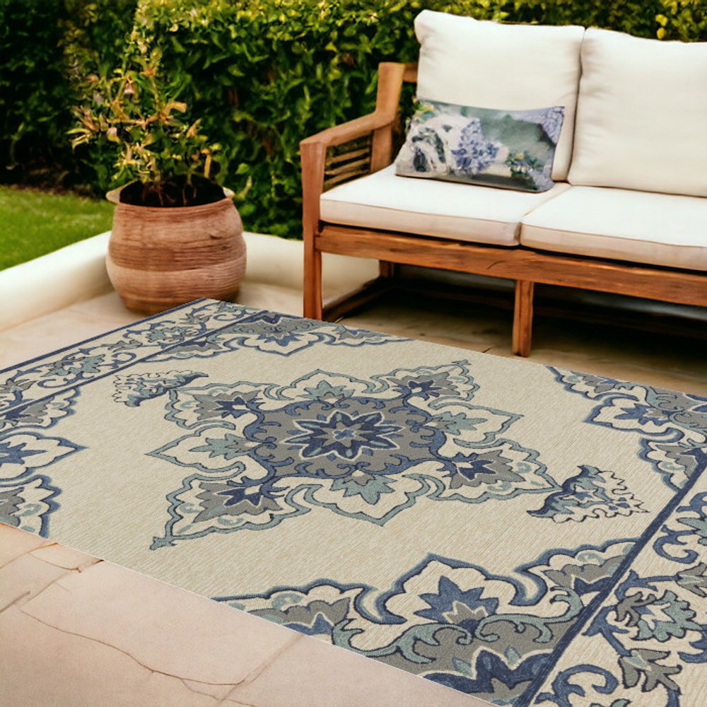 5' X 8' Ivory And Blue Damask Indoor Outdoor Area Rug