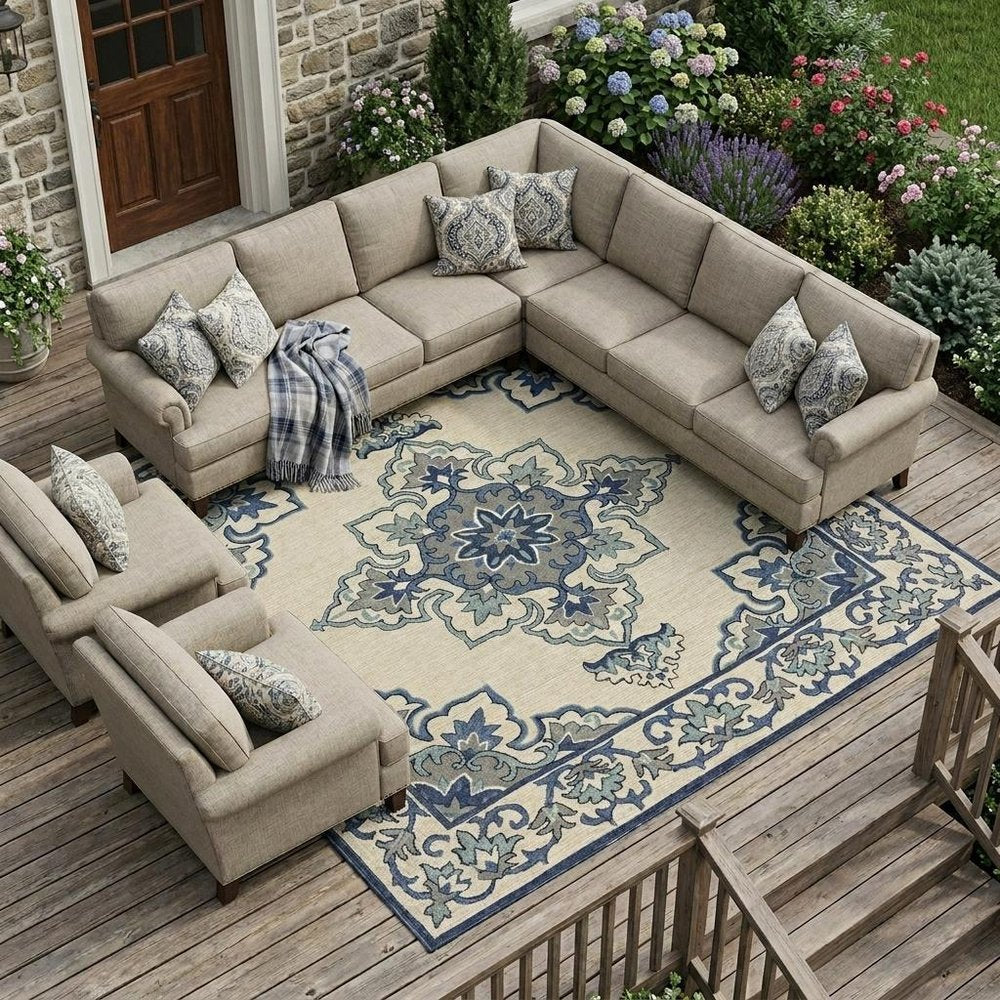 5' X 8' Ivory And Blue Damask Indoor Outdoor Area Rug