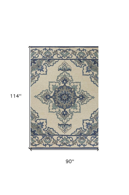 5' X 8' Ivory And Blue Damask Indoor Outdoor Area Rug