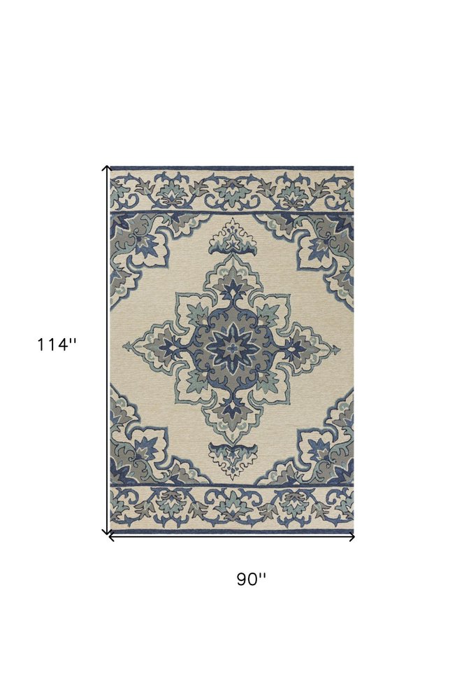 3' X 5' Ivory and Blue Damask Handmade Indoor Outdoor Area Rug