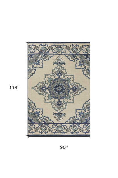 3' X 5' Ivory and Blue Damask Handmade Indoor Outdoor Area Rug
