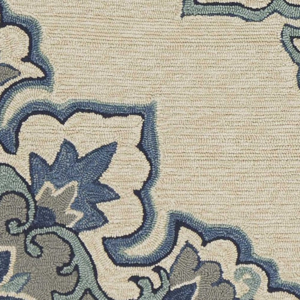 5' X 8' Ivory And Blue Damask Indoor Outdoor Area Rug