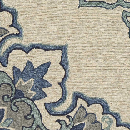 5' X 8' Ivory And Blue Damask Indoor Outdoor Area Rug