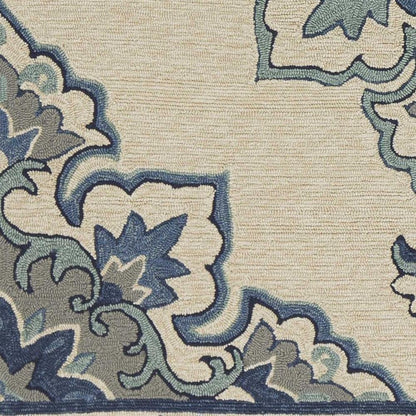 3' X 5' Ivory and Blue Damask Handmade Indoor Outdoor Area Rug