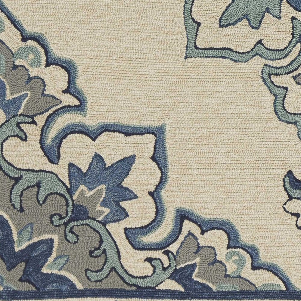 5' X 8' Ivory And Blue Damask Indoor Outdoor Area Rug