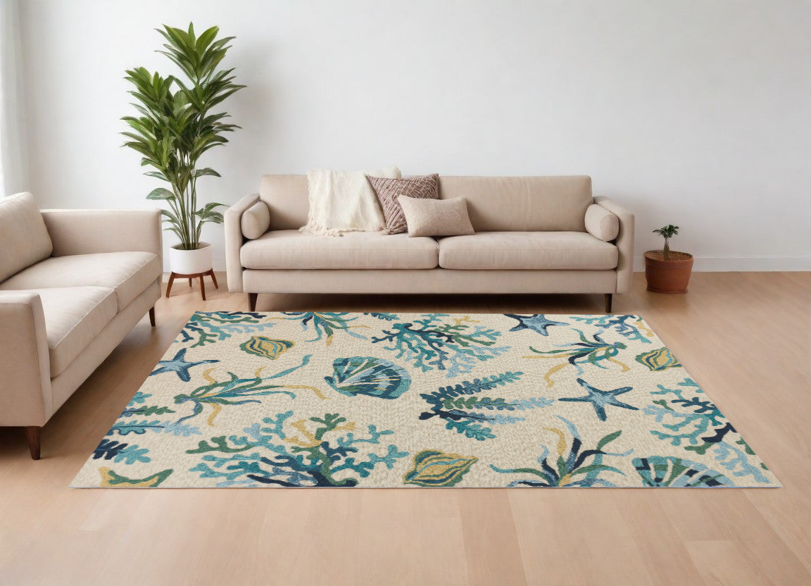 2' X 3' Ivory and Blue Seashell and Coral Hand Tufted Area Rug