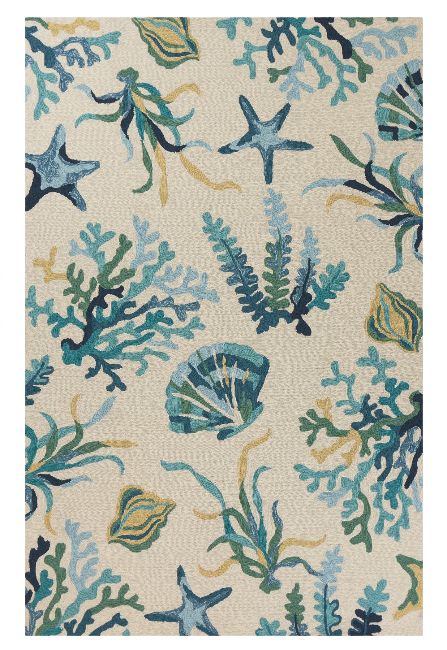 2' X 3' Ivory and Blue Seashell and Coral Hand Tufted Area Rug