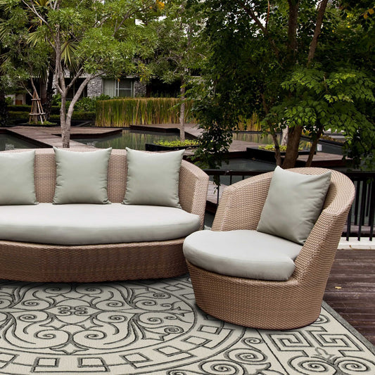 5' X 8' Gray And Ivory Damask Indoor Outdoor Area Rug