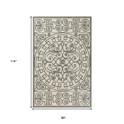 5' X 8' Gray And Ivory Damask Indoor Outdoor Area Rug