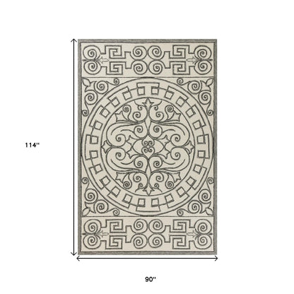 5' X 8' Gray And Ivory Damask Indoor Outdoor Area Rug