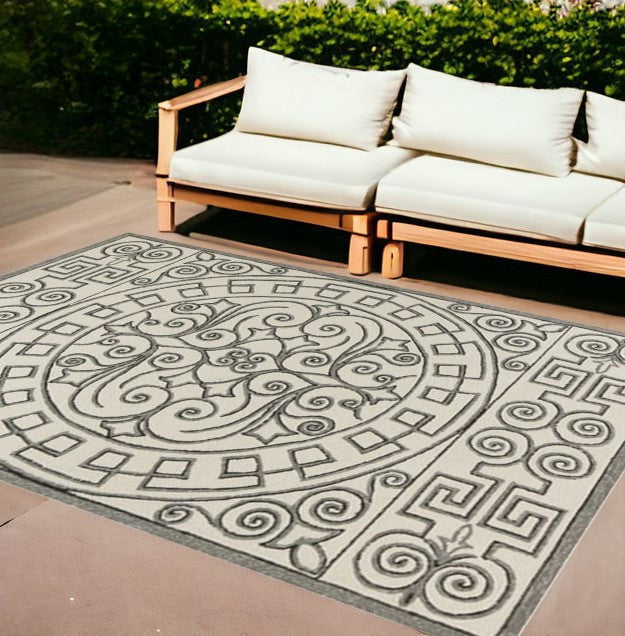 5' X 8' Gray And Ivory Damask Indoor Outdoor Area Rug