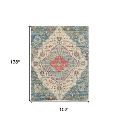 5' X 7' Blue Beige And Brick Red Jute Medallion Hand Woven Distressed Area Rug