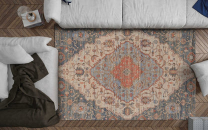 7' X 12' Blue Beige And Brick Red Jute Medallion Handmade Area Rug