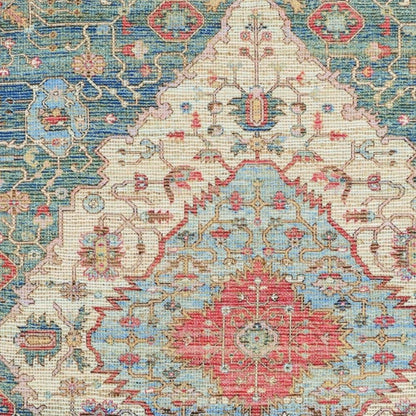 5' X 7' Blue Beige And Brick Red Jute Medallion Hand Woven Distressed Area Rug