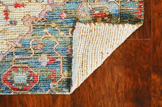 5' X 7' Blue Beige And Brick Red Jute Medallion Hand Woven Distressed Area Rug