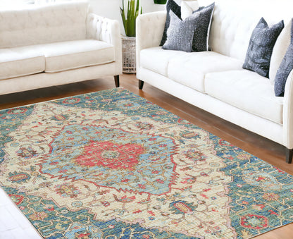 5' X 7' Blue and Beige Medallion Hand Woven Distressed Area Rug